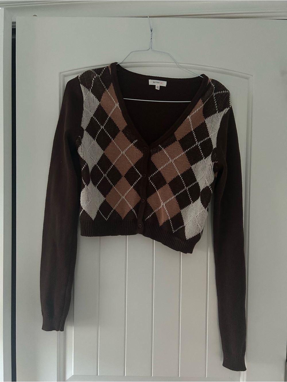 Argyle V-Neck Button Cardigan in Brown & Cream